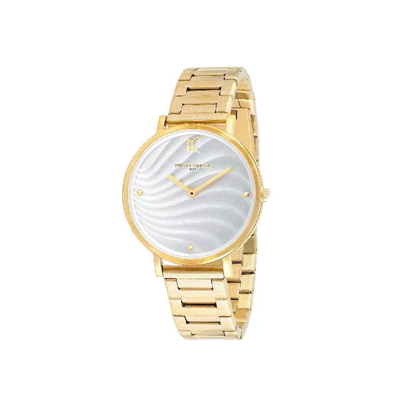 Belleville Patterned Dial Gold Watch with Metal Link Strap