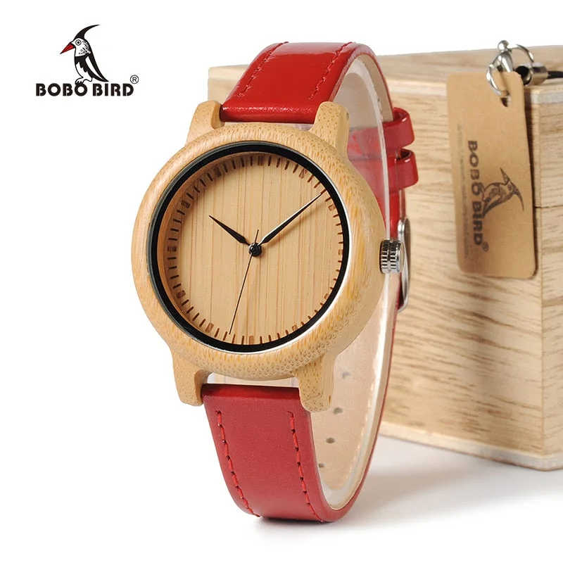 BOBO BIRD WJ09 Simple Style Bamboo Women Watch Bamboo Dial Genuine Red PU Leather Band Quartz Watches Relojes mujer Accept OEM