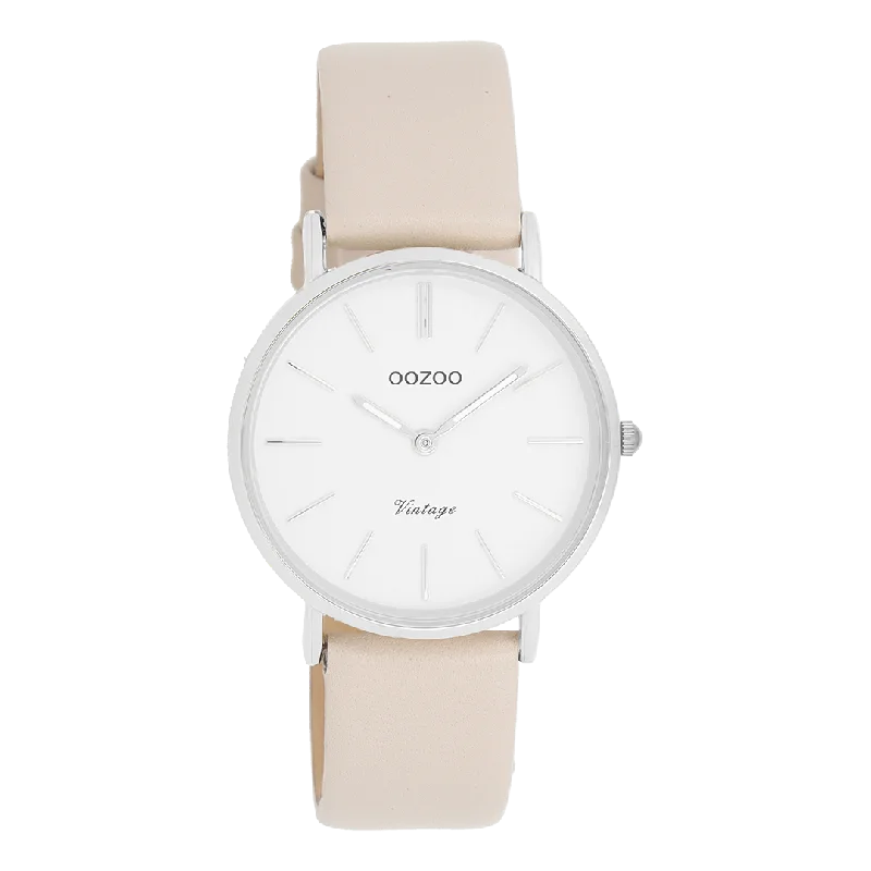 Silver coloured OOZOO watch with beige leather strap - C20391