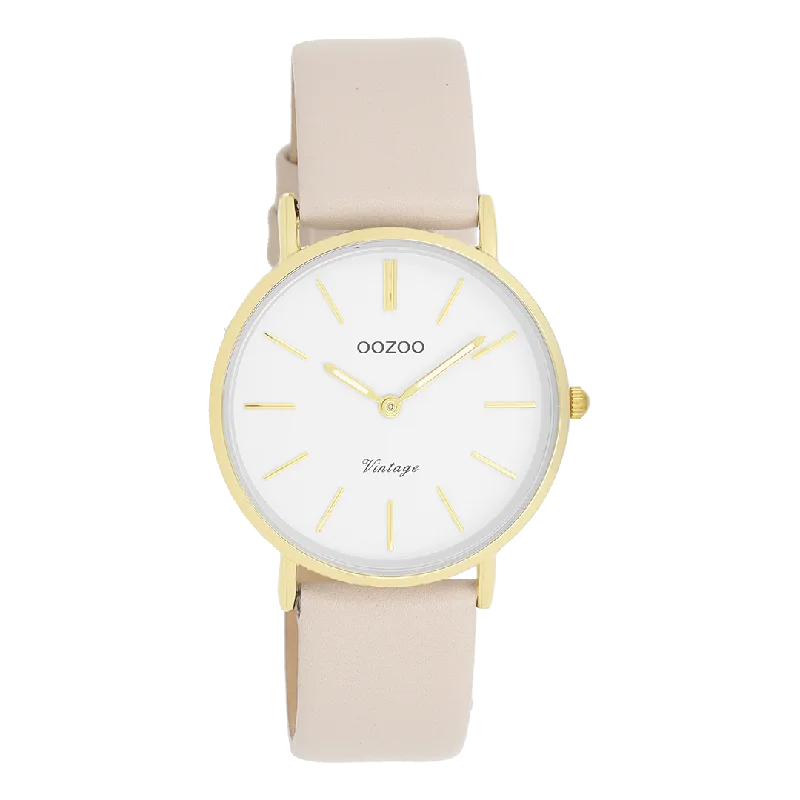 Gold coloured OOZOO watch with beige leather strap - C20393