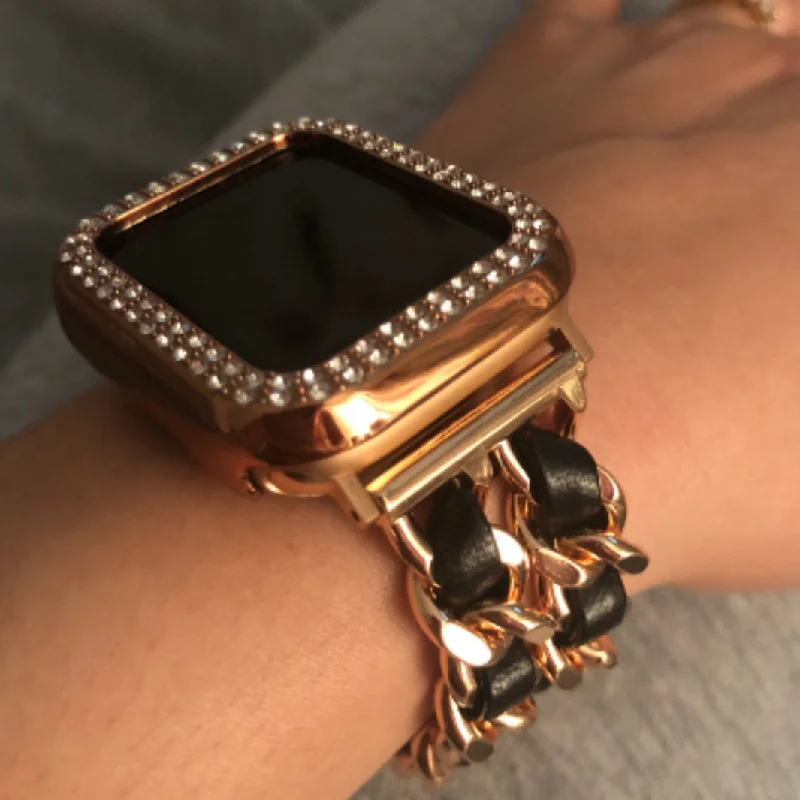 Luxury Link Chain with Leather strap and Case for Apple Watch