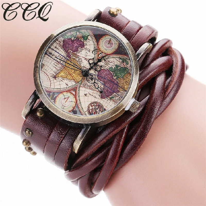 CCQ Brand Fashion Vintage Retro Rivet Braided Genuine Leather World Map Watch Casual Women Quartz Watch Relogio Feminino