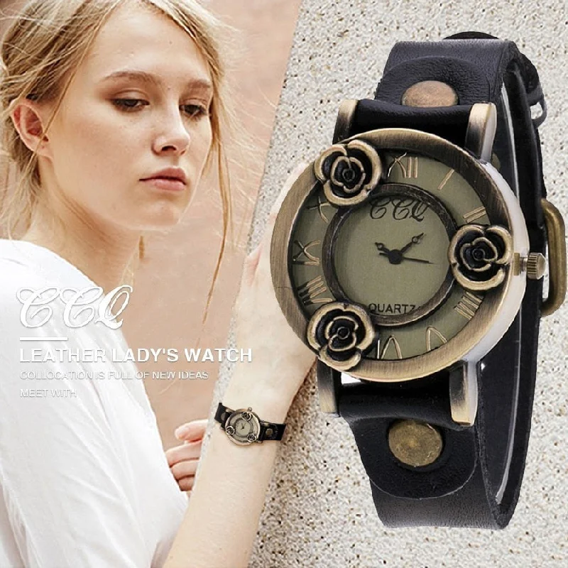 CCQ Brand Vintage Cow Leather Bracelet Women Flower Watch Casual Female Wrist Watches Luxury Quartz Watch Relogio Feminino Hot