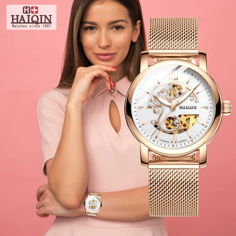 HAIQIN 2019 Fashion Gold mechanical women watch WoMens watches Top brand luxury Clock Ladies WristWatch Lady Relogio Feminino