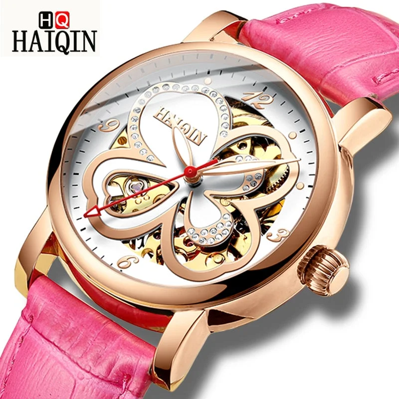 HAIQIN Skeleton Women Mechanical Watch Luxury Brand Ladies Leather Dress Watch Waterproof Female Automatic Clock Montre Femme