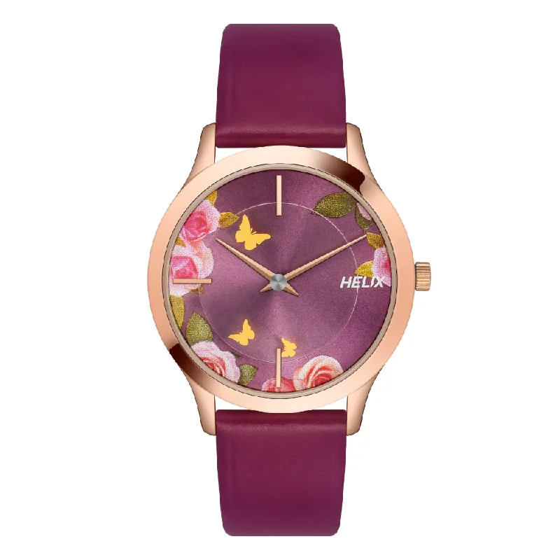 Helix By Timex Maroon Round Analog Leather Watch Women -TW053HL05