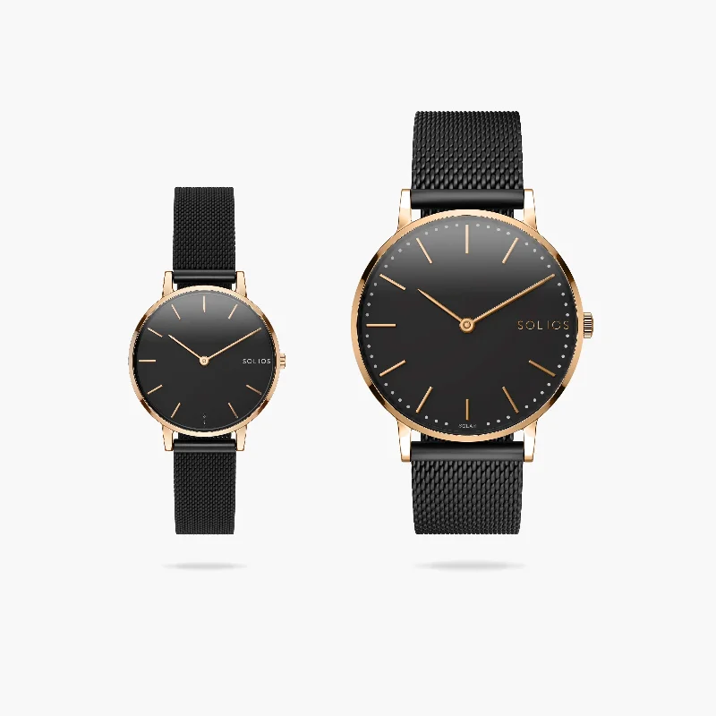 Watch Set - Solar Classic & Mini | Black Dial - Rose Gold Case | Black Mesh