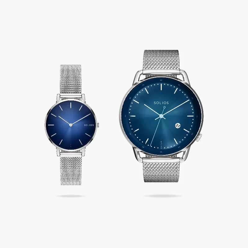 Watch Set - Solar Curve & Mini | Blue Dial - Silver Case | Silver Mesh