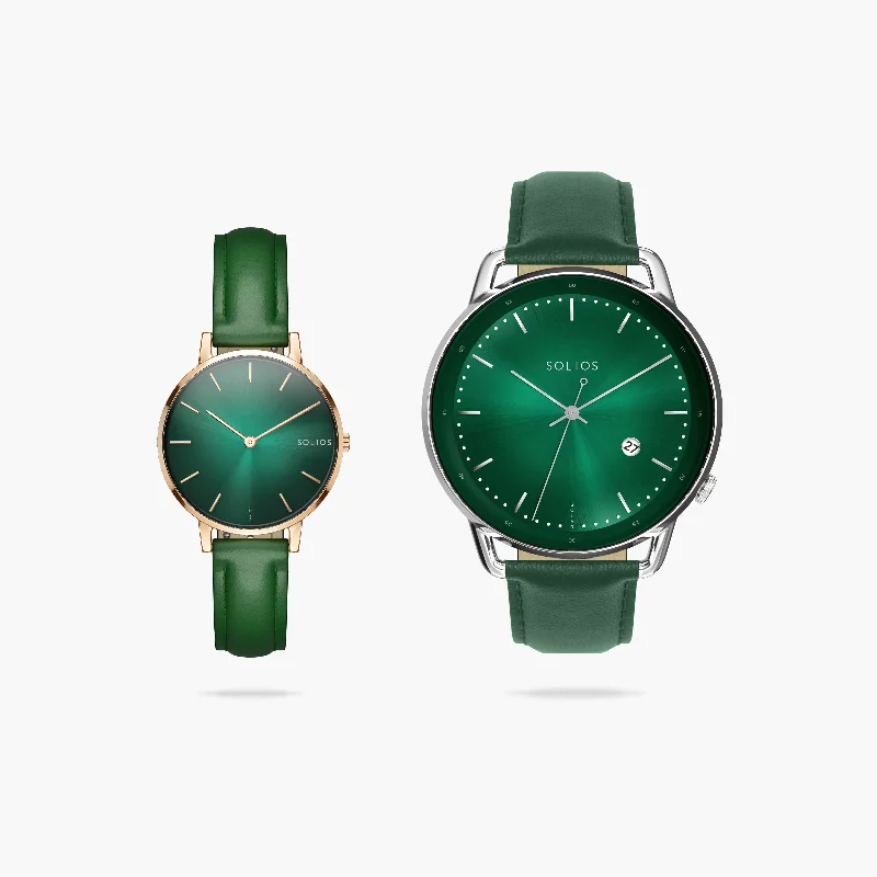 Watch Set - Solar Curve & Mini | Green Dial - Silver & Rose Gold Cases | Green Vegan Leather