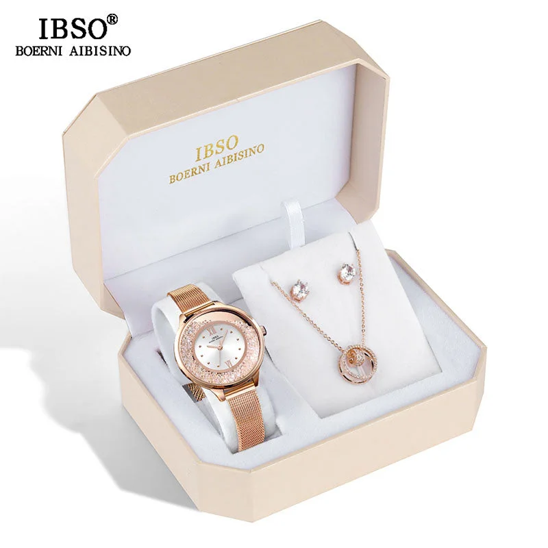 IBSO Brand Women's Quartz Watch Set Crystal Design Set Female Jewelry Set Original Design Quartz Watch Earring Necklace Set