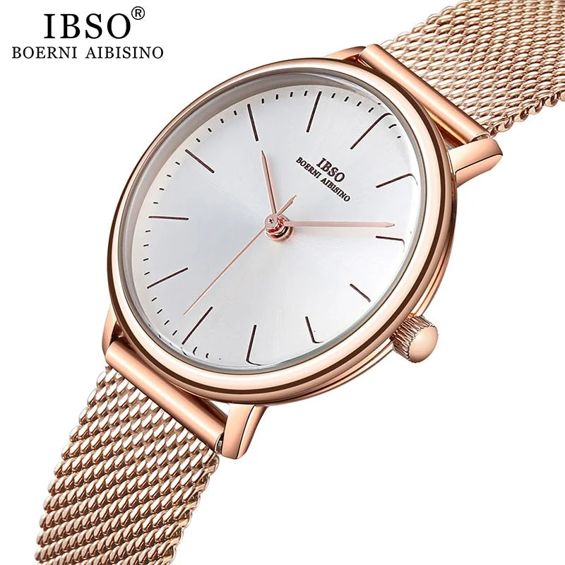 IBSO Women's Quartz Watches Rose Gold Ultra thin Stainless Steel Mesh Strap Quartz Clock Hours Ladies Simple Relogio Masculino