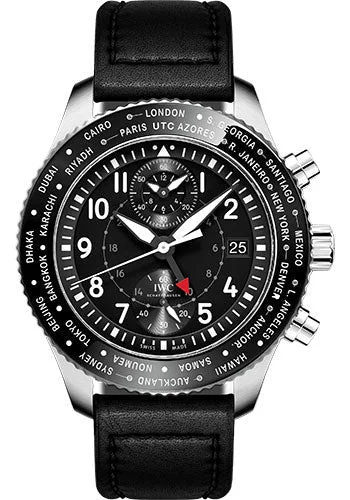 IWC Pilot's Watch Timezoner Chronograph - 46.0 mm Stainless Steel Case - Black Dial - Black Calfskin Strap - IW395001