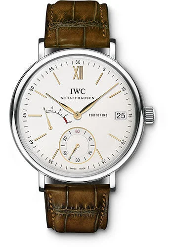 IWC Portofino Hand-Wound Eight Days Watch - 45 mm Stainless Steel Case - Silver Dial - Brown Alligator Strap - IW510103