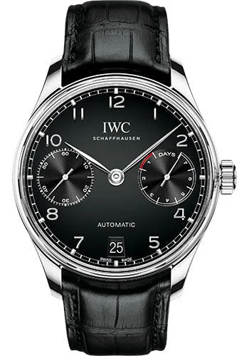 IWC Portugieser Automatic Watch - 42.3 mm Stainless Steel Case - Black Dial - Black Alligator Strap - IW500703