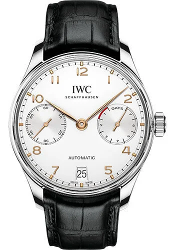 IWC Portugieser Automatic Watch - 42.3 mm Stainless Steel Case - Silver Dial - Black Alligator Strap - IW500704