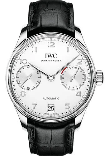 IWC Portugieser Automatic Watch - 42.3 mm Stainless Steel Case - Silver Dial - Black Alligator Strap - IW500712