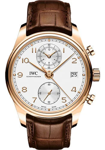 IWC Portugieser Chronograph Classic Watch - 42 mm Red Gold Case - Silver Dial - Brown Alligator Strap - IW390301