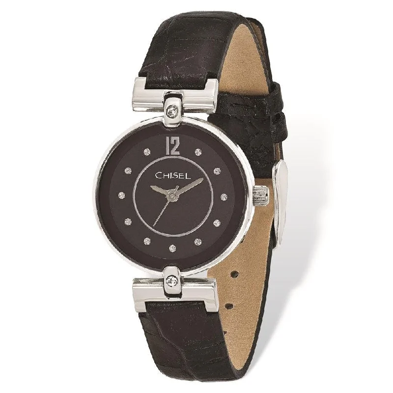 Ladies Chisel Black Dial Black Leather Watch