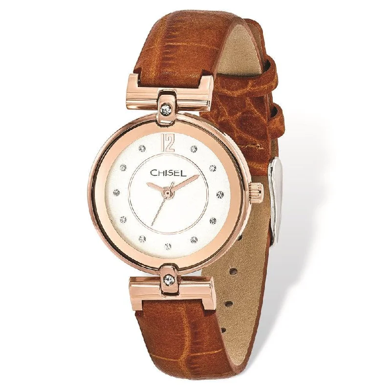 Ladies Chisel IP Rose-plated White Dial Brown Leather Watch