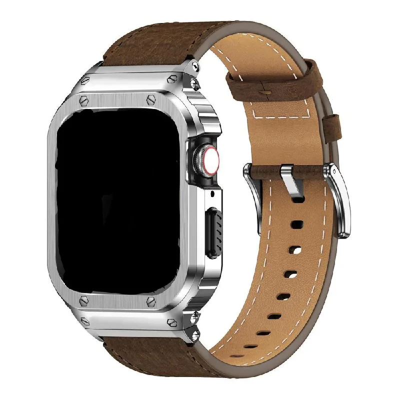 Stainless Steel Metal Case+Genuine Leather Strap For Apple Watch