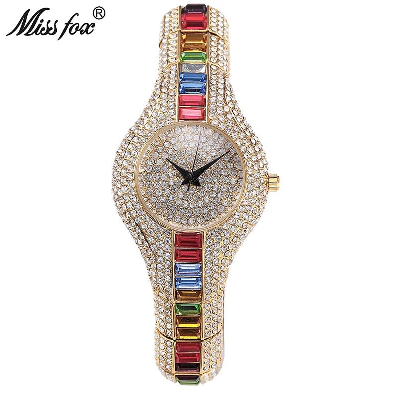 MISSFOX Mix Baguette Diamond Women Watches Luxury Ladies Gold Watch Shockproof Waterproof Small Womens Watch For Female Clock