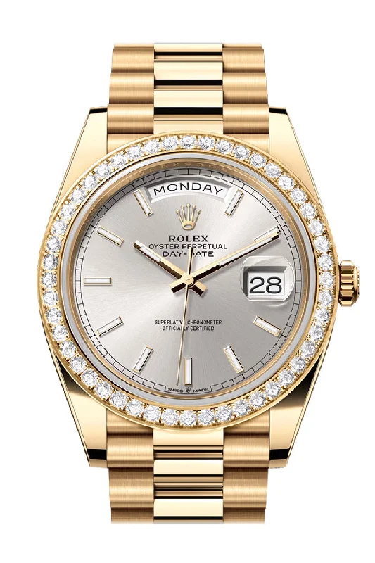 Rolex Day-Date 40 Silver Dial Diamond Bezel Yellow Gold President Men's Watch 228348RBR 228348