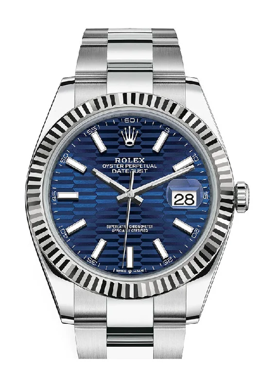 Rolex White Rolesor Datejust 41 Watch - Fluted Bezel - Bright Blue Fluted Motif Index Dial - Oyster Bracelet - 126334 blflmio