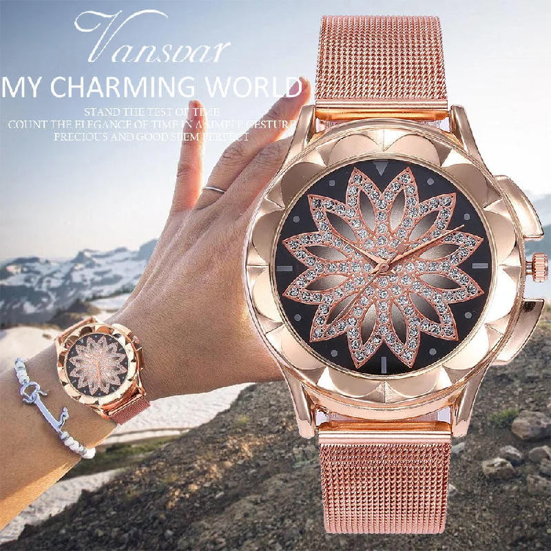 Rose Gold Flower Rhinestone Wrist Watches