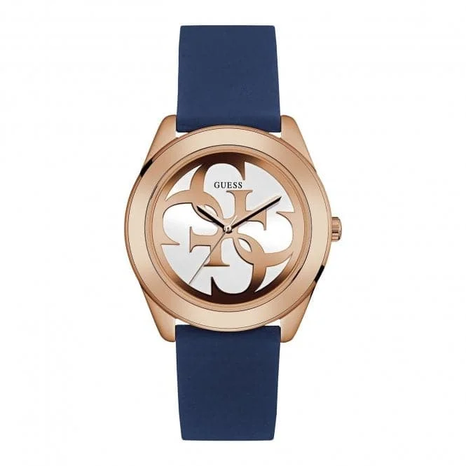 Guess Ladies Rose Gold Watch White Logo Dial And Blue Silicone Strap W0911L6