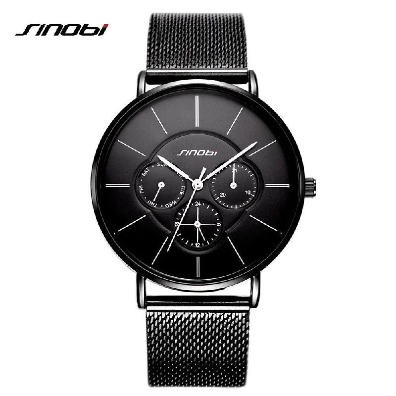 SINOBI Multifunction Fashion Black Women Watch 2018 Week Display Ultra Quartz Watch Woman Dress Lady Watch Jewelry Montre Femme