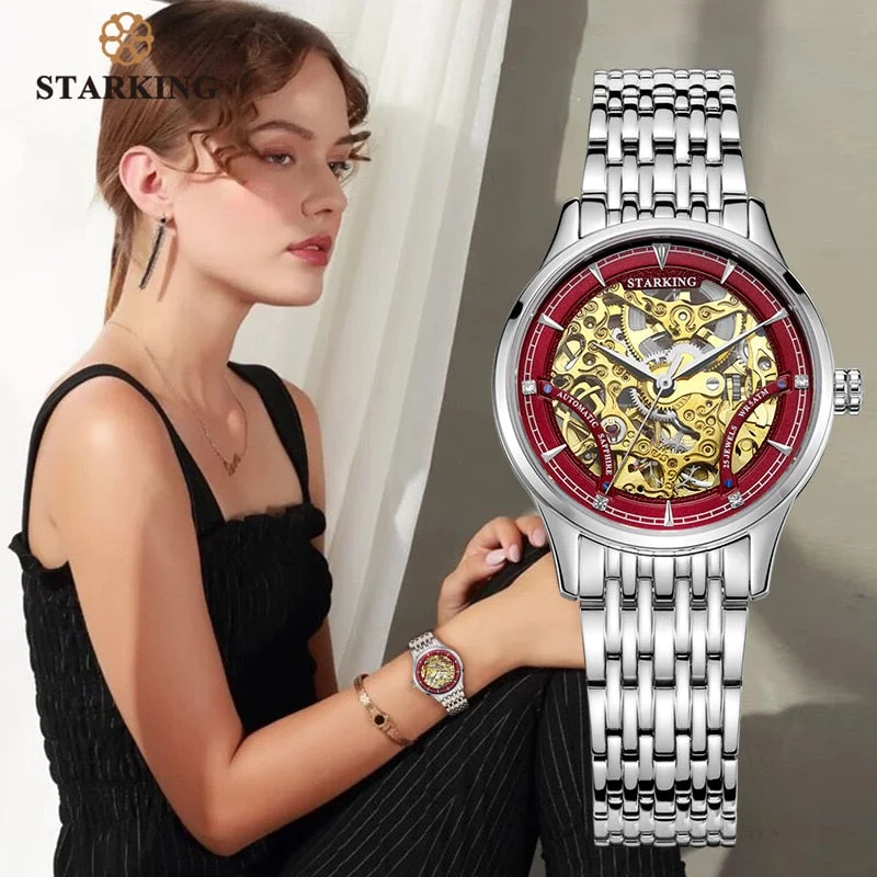 STARKING Mechanical Watch Women Luxury Stainless Steel Hollow Skeleton Automatic Ladies Watch Chinese Hodinky Damske 5ATM AL0185