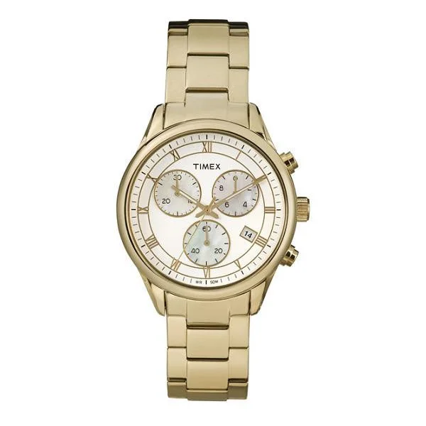 T2P408 Womens Timex Gold Tone Chronograph White Dial Dress Watch Roman Numerals