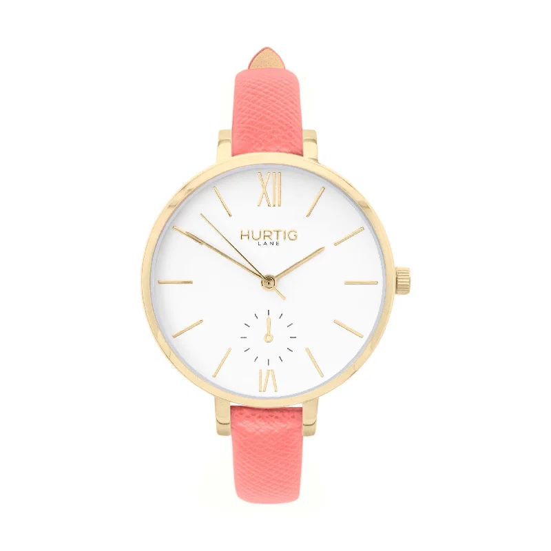 Amalfi Petite Vegan Leather Watch Gold, White & Coral