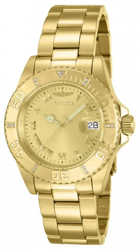 Invicta 12820 Women's Yellow Steel Bracelet Swiss Quartz Pro Diver Diamond Gold Tone Dial Date Watch