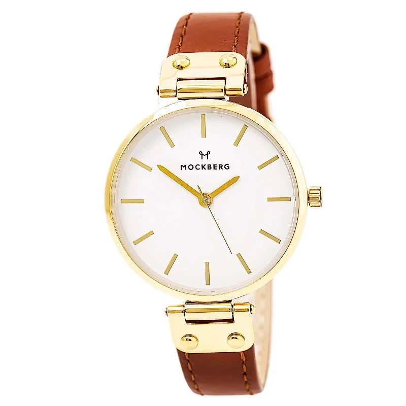 Mockberg MO1003 Women's Nora Quartz Yellow Gold Steel Brown Leather Strap White Dial Watch